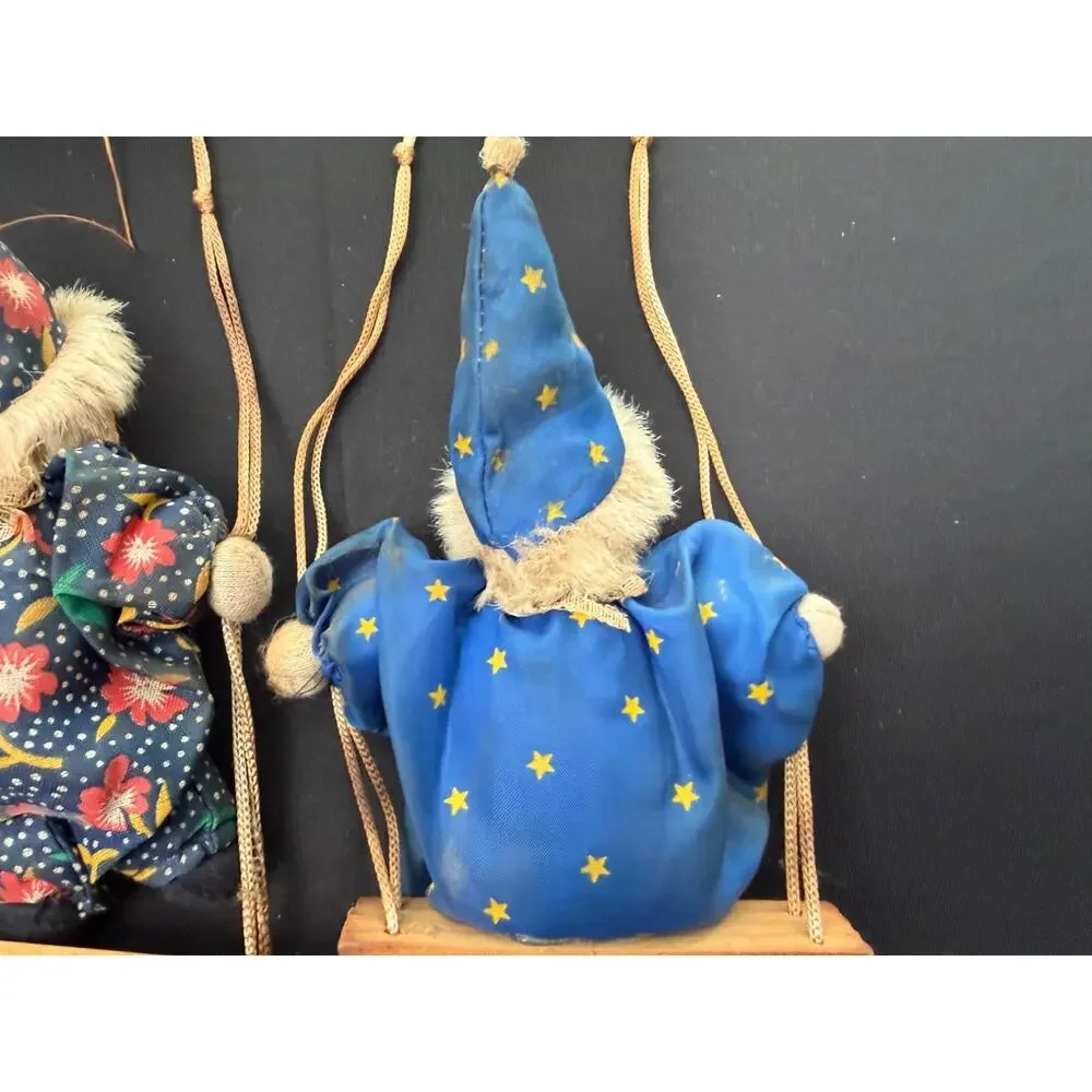 Pair of Vintage Hanging Porcelain Face Clowns Wooden Swings Star Floral Fabric